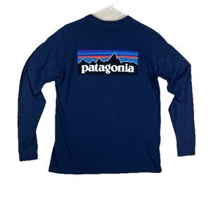 Patagonia long sleeve graphic t shirt‎ men Medium Logo On Back Navy Blue